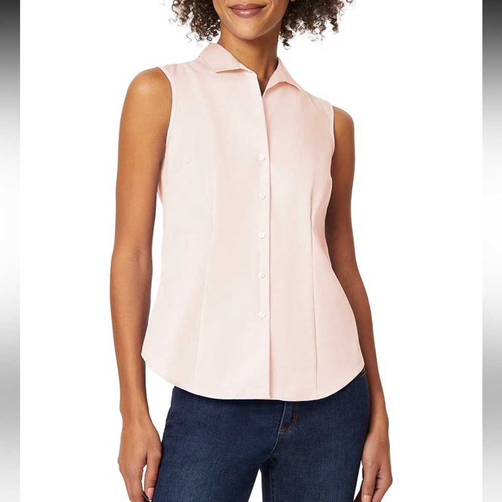 NWT Jones New York Sleeveless Open Collar Cotton Non-iron Shirt Pinstripe Red